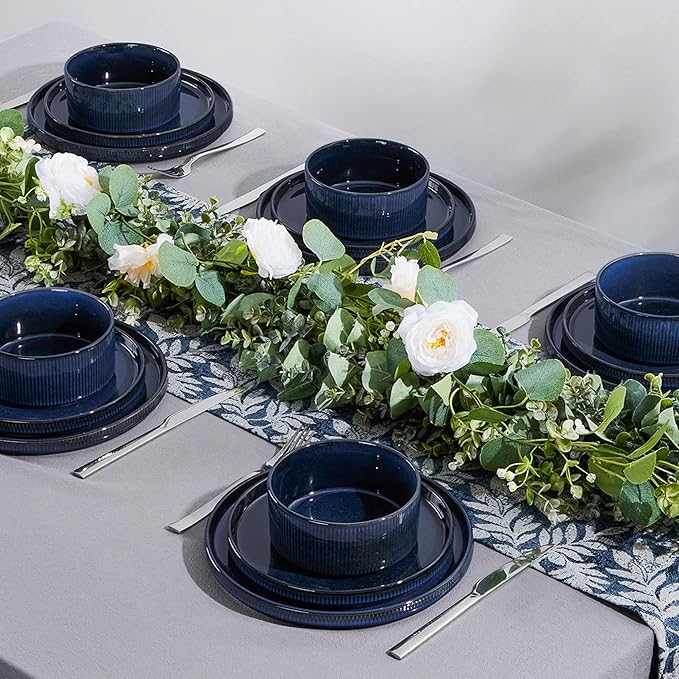 LIANYU Dinnerware Sets with Pasta Bowls, 8 Piece Ribbed Plates and Bowls for 2, Modern Ceramic Stoneware Dishes for Kitchen Dining, Microwave and Dishwasher Safe, Twilight Blue