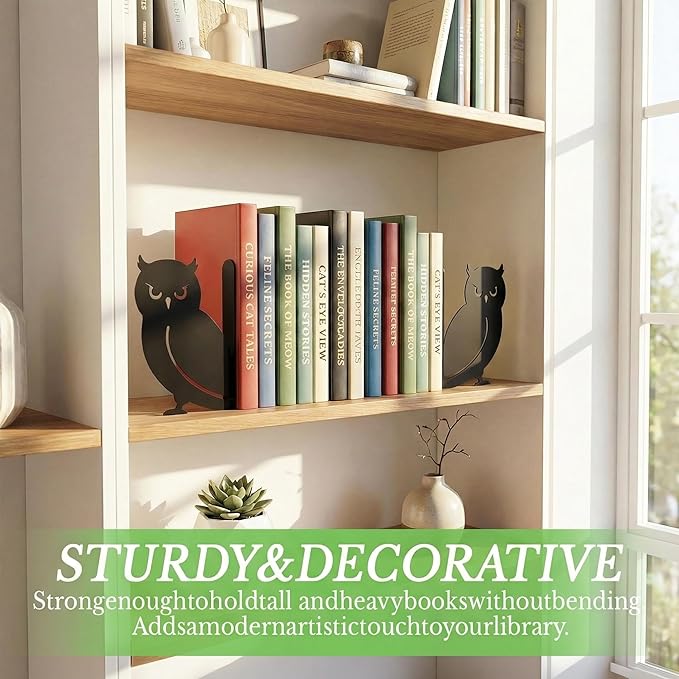 Sanwarm Metal Bookends Owl Minimalist Book Ends Decorative Bookend for Home Office Library Desk Book Shelves Decor, Gift for Reading Enthusiasts Non-Skid Book Stoppers Holder (Black 1 Pair)