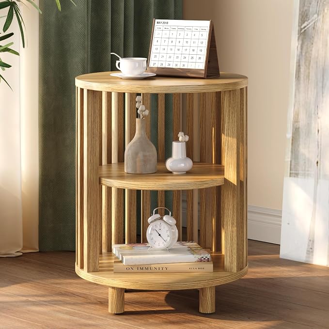 Round End Table, Wood Bedside Table, Mid Century Modern Nightstand with Open Storage Shelf, 3 Tier Small Side Tables for Living Room, Bedroom, Curved Profile Design, Natural Oak(1-Pack)