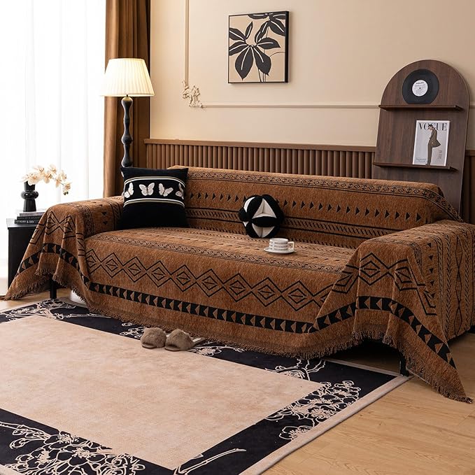 VClife Bohemian Couch Cover for Dog, Plush Thick Chenille Aztec Couch Cover for 3 Cushion Couch Sofa Pet Friendly Sofa Slipcover with Tassel 71"X134"