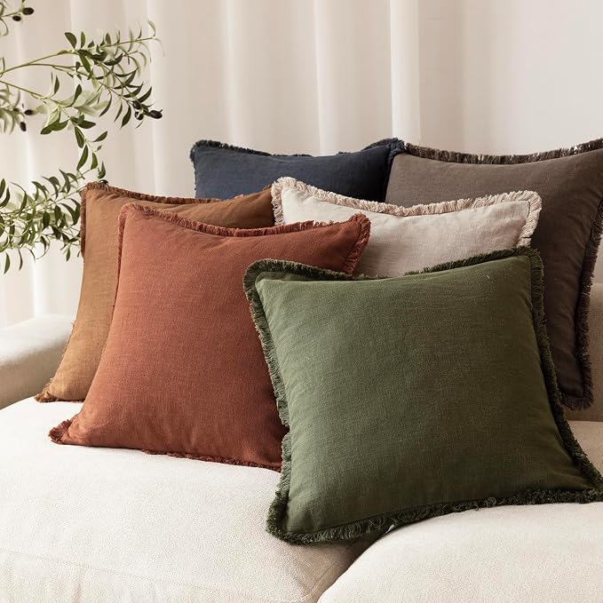 Foindtower Set of 2 Decorative Linen Fringe Throw Pillow Covers Boho Farmhouse Cushion Cover with Tassels Soft Accent Pillowcase for Couch Sofa Bed Living Room Home Decor, 26×26 Inch, Fall Rust Orange