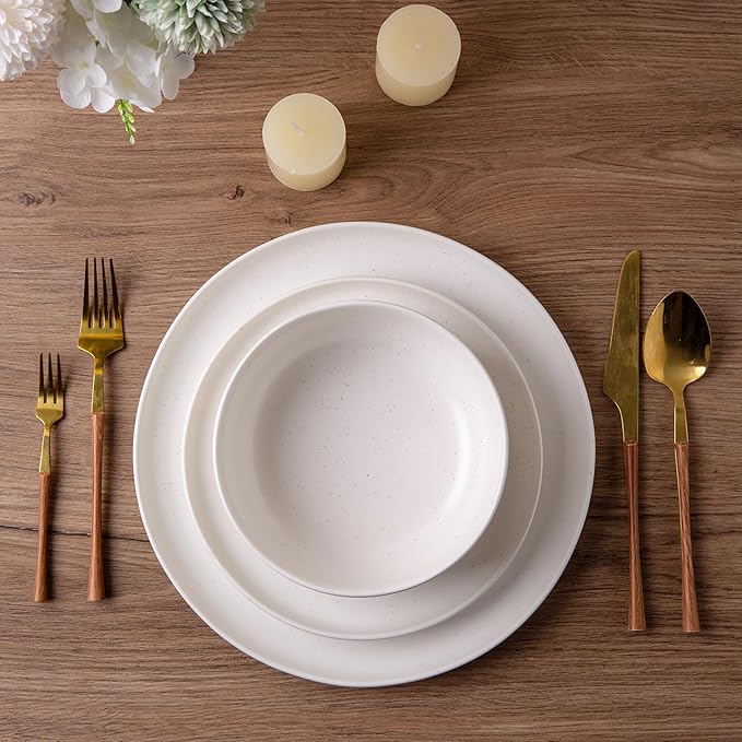 AmorArc Ceramic Dinnerware Sets, Wavy Rim Stoneware Plates and Bowls Sets,Dishwasher & Microwave & Oven Safe Dishes set, Service for 4 (12pc)-Matte Speckled White