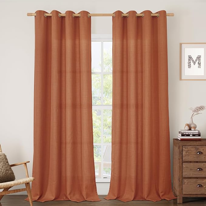 LAMIT Terracotta Linen Curtains 90 Inch for Living Room, Light Filtering Fall Western Decor Panels, Grommet Boho Farmhouse Rustic Drapes for Bedroom, 2 Panels Set, 52 x 90 Inch