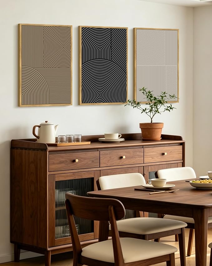KUVIOKE Minimalist Abstract Boho Framed Wall Art Modern Mid-Century Bohemain Neutral Line Wall Decor Geometric Artwork Bedroom Decor 16x24in (Natural Framed)