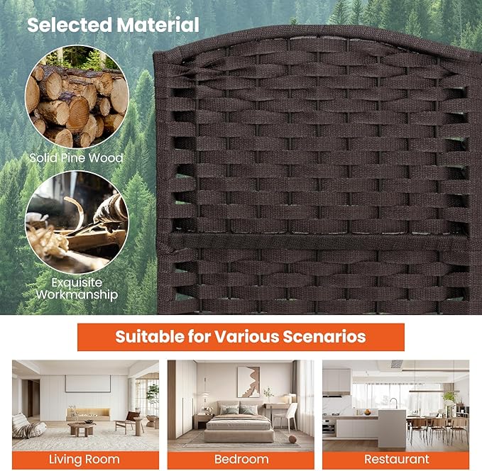 Giantex Room Divider 6 Panel, 5.6ft Folding Privacy Screen, Fully Assembly, Freestanding Wall Partition, Solid Wood Frame, Hand-Woven Texture, Room Dividers for Bedroom Office (Brown, 6 Panel)
