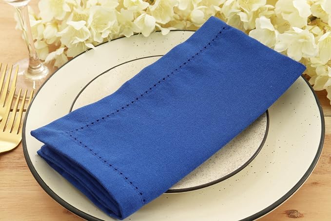 PurpleEssences Set of 12 Hemstitch Cloth Dinner Napkins 100% Cotton - Soft Durable Washable - Ideal for Wedding Spring Easter Summer - Perfect Everyday Use Table Linen 18x18 - Royal Blue