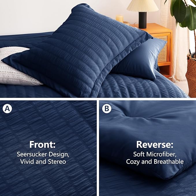 CozyLux Twin XL Comforter Set with Sheets Seersucker Navy Blue 5 Pieces Bed in a Bag, Twin Extra Long Luxury Soft Bedding Sets College Dorm with Down Alternative Comforter, Sheets, Pillowcase & Sham