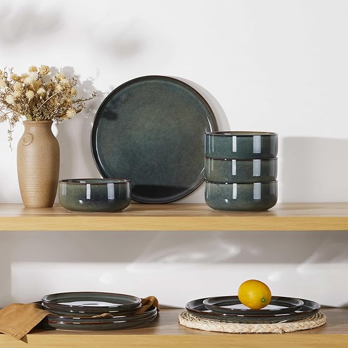 Herogo 18 Pieces Stoneware Dinnerware Set Service for 6, Dinner Plates and Bowls Sets, Double Reactive Glaze Dishes Set for Kitchen, Scratch Resistant, Microwave & Dishwasher Safe, Moss Green