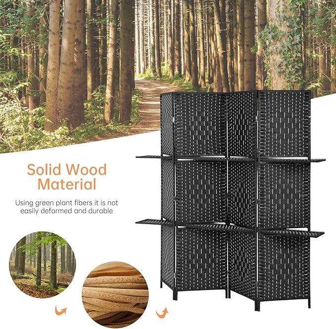 Room Divider 4 Panel Room Screen Divider Wooden Screen Folding Portable Partition Screens Wood with Removable Storage Shelves Color, Black