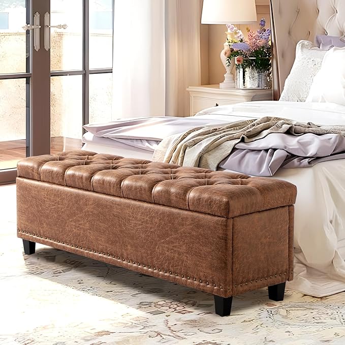 Ottoman with Storage, 51" Storage Bench Ottoman for Bedroom, End of Bed Benchs with Button-Tufted, Upholstered Rectangle Long Foot Rest Benchs for Entryway Living Room (Brown)