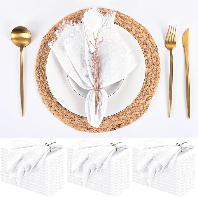 36 Pack White Handmade Cloth Napkins 16 x 16 Inch Cotton Linen Napkins with Fringe, Washable and Reusable Napkins, Soft Rustic Boho Fringe Cloth Napkins for Dinners, Parties, Wedding