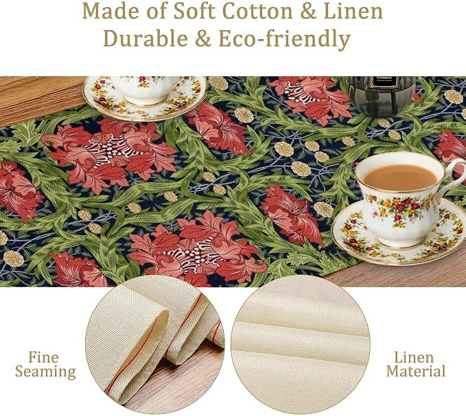 William Morris Flower Table Runner, Vintage Boho Style Plant Pattern Dinner Runner for Home Kitchen Dining Table Decoration 13x70 Inch