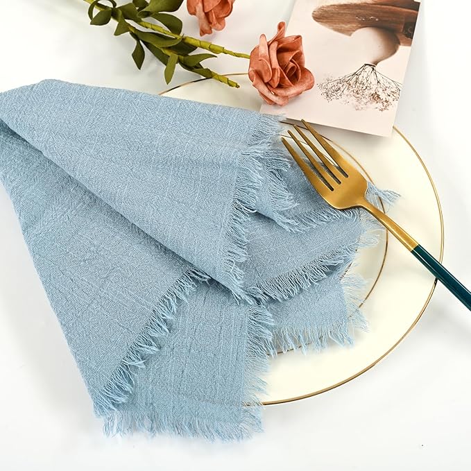 36 Pack Dusty Blue Handmade Cloth Napkins 12 x 12 Inch Cotton Linen Napkins with Fringe, Washable and Reusable Napkins, Soft Rustic Boho Fringe Cloth Napkins for Dinners,Parties, Wedding