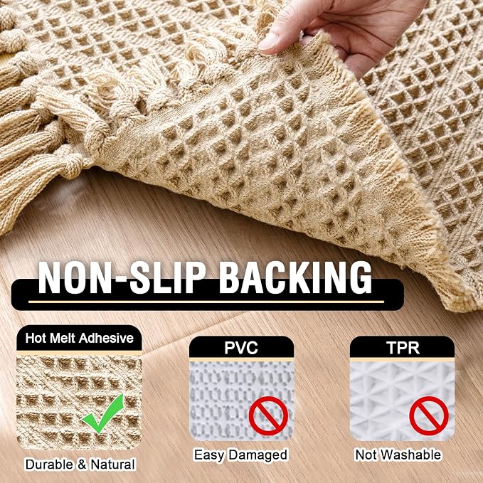 H.VERSAILTEX Waffle Bath Runner Rug Long Bath Mat Super Absorbent Boho Bath Rugs Non Slip Bath Runner for Bathroom Floor Machine Washable Dry Fast Bathroom Rugs with Tassels, 24" x 60", Vanilla