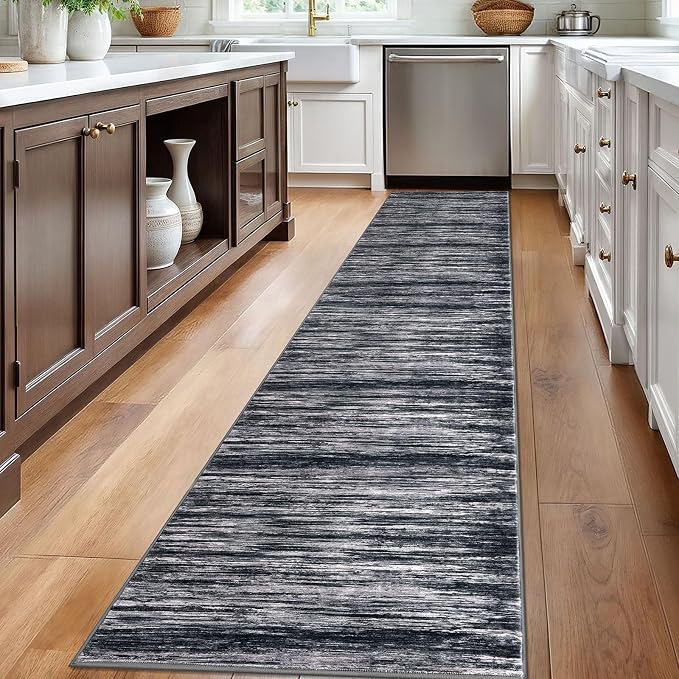 SIILOOM 2x12 Modern Abstract Runner Rug for Hallways, Black Super Soft Hallway Decor Kitchen Rugs with Non-Slip, Non-Shedding Washable Rug for Entryway Bedroom Indoor