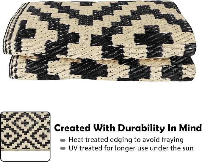 SAND MINE Reversible Mats, Plastic Straw Rug, Modern Area Rug, Large Floor Mat and Rug for Outdoors, RV, Patio, Backyard, Deck, Picnic, Beach, Trailer, Camping (3' x 5', Black & Beige Lattice)
