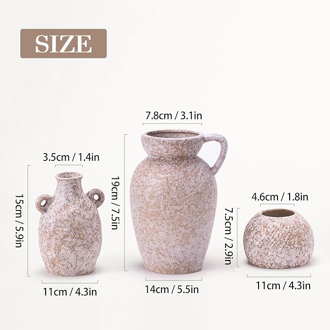 Stone Vase Home Table Decor, Beige Ceramic Stone Modern Rustic Farmhouse Vase Set of 3 Centerpiece for Shelf Bedroom Bathroom Desk
