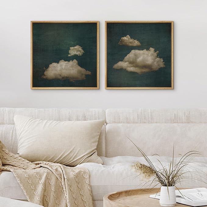 SIGNFORD Framed Canvas Print Wall Art Set Vintage Cloud Illustrations Modern Art Minimal Relax/Calm for Living Room, Bedroom, Office - 24"x24"x2 Natural