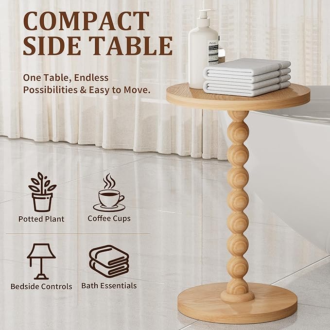 Round Side Table, Drink Table for Small Spaces, Modern Accent Nightstand with Rubberwood Leg for Living Room, Bedroom, Corners, and Office, Set of 2 (Natural)