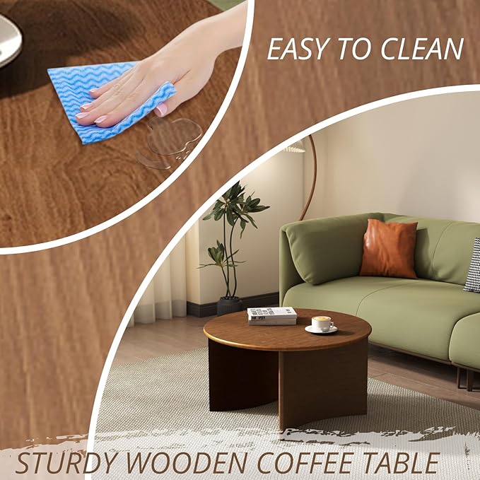 ROCITY 31.5″ Round Coffee Table, Walnut Circle Coffee Table with Curved Base, Solid Wood, Ideal for Living Room, Apartment, Compact Place