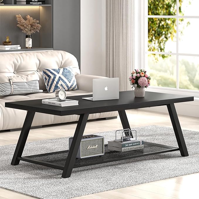 FOLUBAN Black Coffee Table with Storage, Modern Rustic Wood and Metal Coffee Tables for Living Room, 2-Tier Industrial Rectangle Cocktail Tea Table, 47 Inch