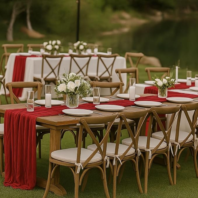 3 Pack 10FT Red Cheesecloth Table Runner 120 Inch Rustic Boho Gauze Cheese Cloth Table Runner for Wedding Baby Shower Bridal Shower Birthday Party Home Decorations