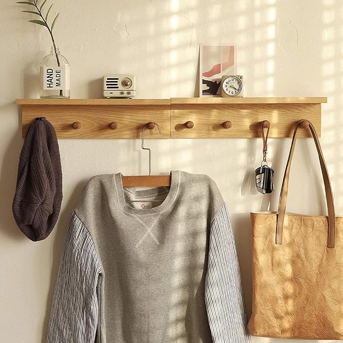 Entryway Coat Rack Hooks with Shelf, Sturdy Wooden Floating WallOrganizer Shelf with 4 Hooks siutable for Entrance, Mudroom, Kitchen, Bathroom,.etc(2pc-Oak Finish)