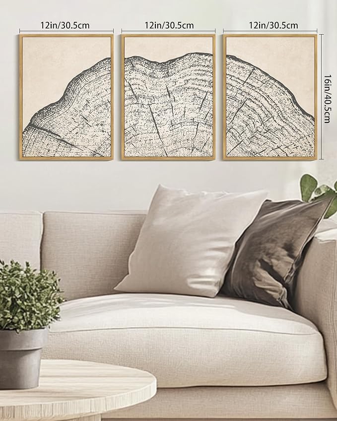 KUVIOKE Framed Tree Rings Wood Wall Art Modern Retro Beige Wood Stump Wall Decor Nature Abstract Art Print for Living Room Bedroom 12x16in (Natural Framed)