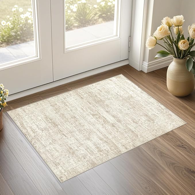 UERMEI 2x3 Entryway Area Rug: Washable Neutral Modern Abstract Small Rug - Non-Slip Low Pile Throw Indoor Carpet for Entrance Kitchen Front Door Mat Bathroom Entry Kids Room - Dark Brown - Beige/Brown