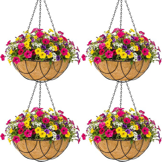 4pcs 14 inch Metal Hanging Baskets Round Wire Plant Stand with Coco Lining Cushion Decorative Planter Hanger Garden Indoor Outdoor Watering Hanging Basket （DQ）