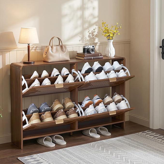 Shoe Storage Cabinet for Entryway with 4 Flip Drawers, Narrow Shoe Rack Organizer, Slim Freestanding Wood Hidden Shoe Cabinet with Adjustable Shelf for Hallway, Living Room (Walnut, 47.24'')