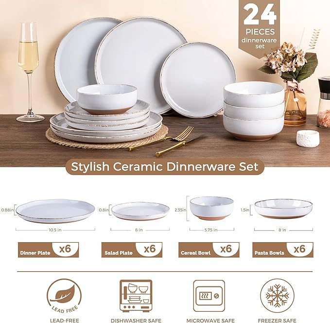 AmorArc Dinnerware Sets for 6, 24 Pieces Plates and Bowls Set with24 Handbrush Rim, Scratch Resistant Stoneware Dishes Set, Dishwasher & Microwave Safe, White