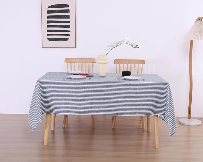 100% French Flax Linen Tablecloths Rectangle 84Lx60W Inch for Dinners, Parties, Easter, Halloween, Camping, Stone Washed, Textured, Machine Washable, 6-8 Sets (60''x84'', Blue Stripe)