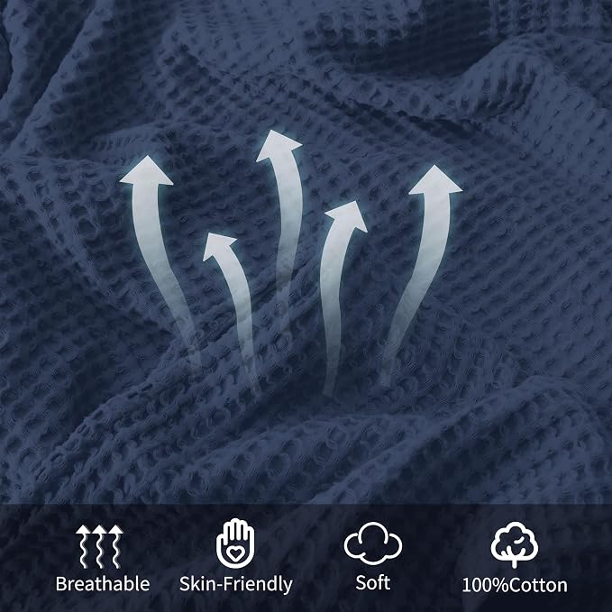 100% Cotton Waffle Blanket (Navy Blue - King Size - 104 * 90''), Pre-Washed and Anti-Shrinkage Soft Lightweight Bed & Couch Blanket, 380 GSM Waffle Weave Throw Blanket for All Seasons