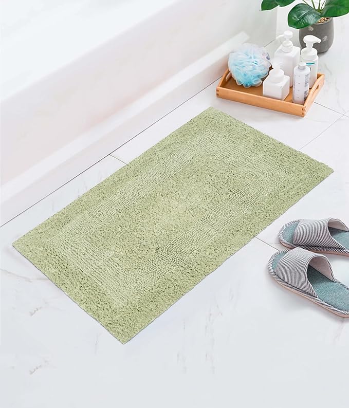 COTTON CRAFT Luxurious Bath Mat Rug - Set of 2 Reversible Heavyweight Step Out Bath Mats for Bathroom Floor, Tub and Shower - Pure Cotton Soft Plush Absorbent Tufted Racetrack Mat - 17x24 - Sage Green