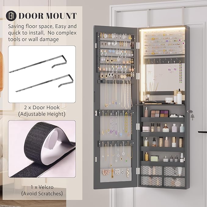 Vlsrka 47.2" LED Grey Jewelry Mirror Cabinet, Wall/Door Mounted Jewelry Armoire Organizer with Full-Length Mirror, Large Capacity Storage Hanging Cabinet, 4 Drawers, 5 Shelves