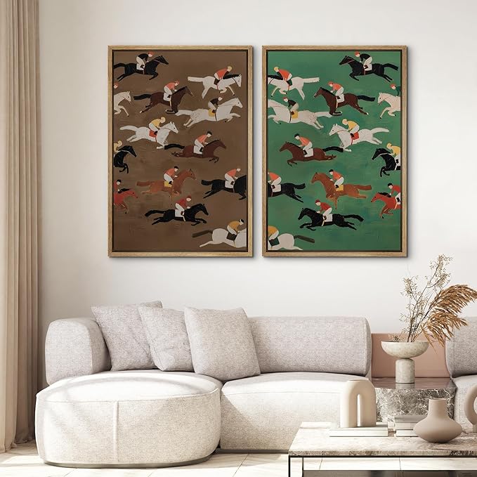 SIGNWIN Framed Canvas Print Wall Art Set Vintage Horse Racing Jockeys Illustrations Modern Art Rustic Colorful Ultra for Living Room, Bedroom, Office - 24"x36"x2 Natural