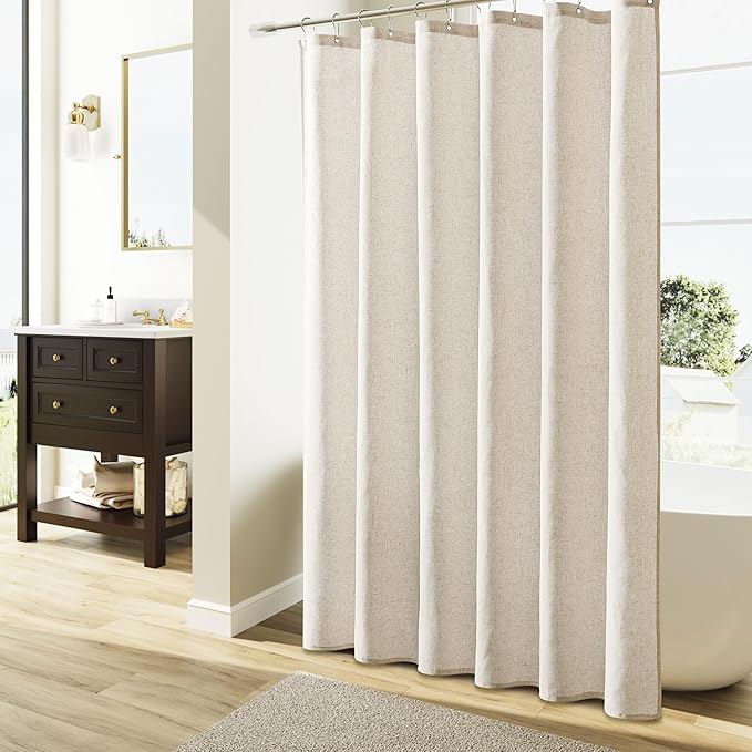 Naturoom Extra Long Linen Shower Curtain 84 Inch Long Weighted Thick Fabric Bath Shower Curtain Set with Hooks, XLong Tall Country Farmhouse Beige Curtains for Bathroom, 72x84