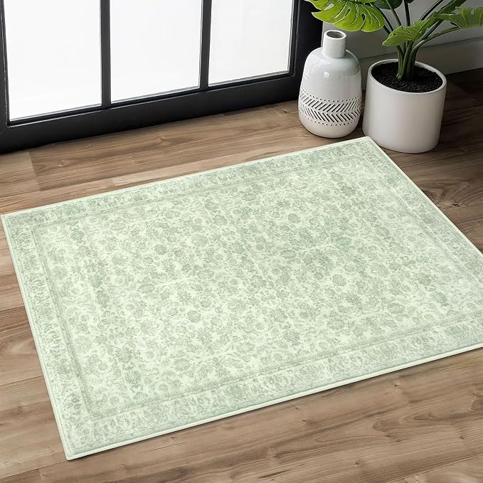 SIILOOM 2x3 Washable Rug Soft Area Rug for Entryway, Light Sage Green and Ivory Non-Slip Indoor Door Mat Floral Low-Pile Kitchen Rugs, Neutral Vintage Carpet for Entrance Kitchen Bedside Farmhouse