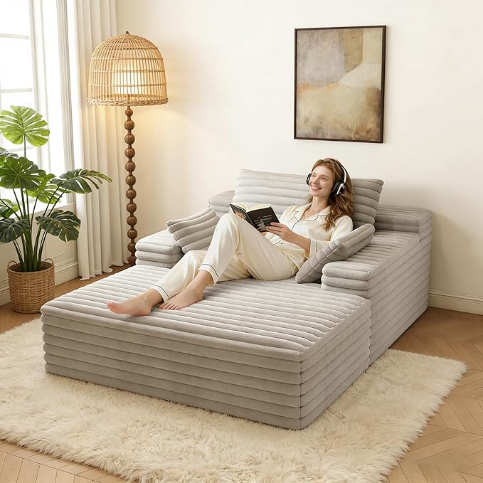 62.6" Oversized Chaise Lounge Chair Indoor,Corduroy Boneless Couch for Living Room,Memory Foam Filled Lounger Sleeper Couch with Pillows,Compress Sofa Bed,No Assembly Required,Grey | Indoor, Corduroy Boneless, Memory Foam Filled, With Pillows, No Assem...