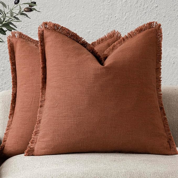 Foindtower Set of 2 Decorative Linen Fringe Throw Pillow Covers Boho Farmhouse Cushion Cover with Tassels Soft Accent Pillowcase for Couch Sofa Bed Living Room Home Decor, 26×26 Inch, Fall Rust Orange