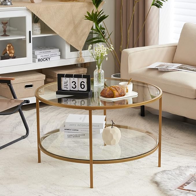 VINGLI Glass Coffee Table,30" Round Coffee Table Gold Coffee Tables for Living Room,2-Tier Glass Top Coffee Table with Storage Clear Coffee Table,Simple & Modern Center Table Mesa de Centro para Sala