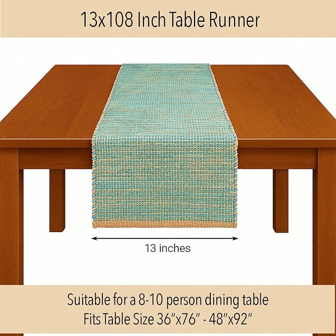 Chardin home Natural Jute Table Runner 13x108 Inch – Vintage Boho Rustic Table Decor – Handwoven Long Table Runner in Natural Jute and Aqua Turquoise – Farmhouse Dining or Console Table Accent