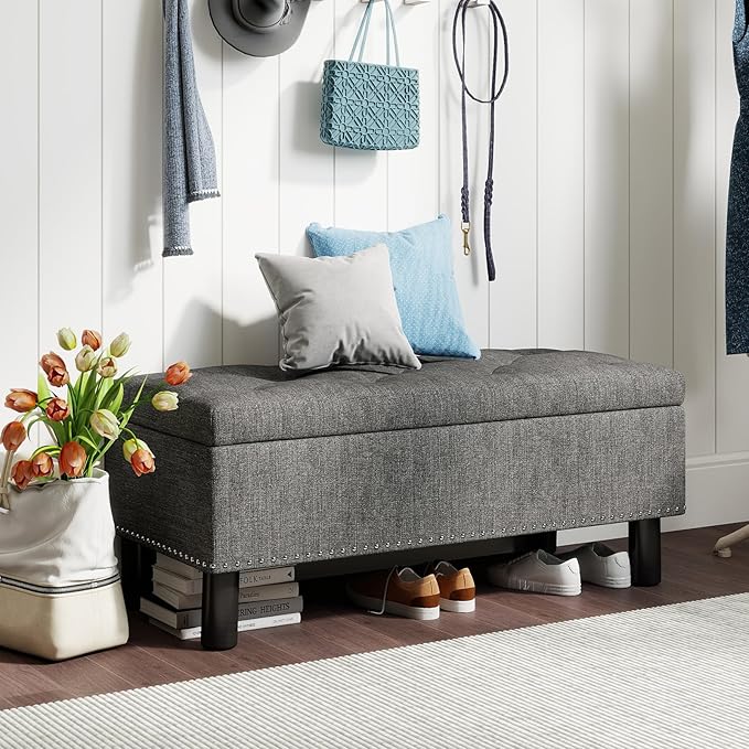 Furniliving 42" Ottoman with Storage, End of Bed Bench with Button-Tufted Large Upholstered Ottoman Entryway Bench Storage Bench for Bedroom, Living Room, Linen, Grey