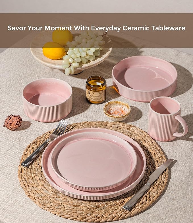 GBHOME 24-Piece Stoneware Dinnerware Set for 8 – Ribbed Ceramic Plates and Bowls, Scratch-Resistant, Microwave & Dishwasher Safe, Reactive Glaze, Blush Vei