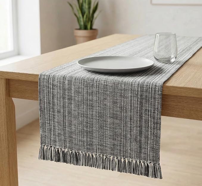 PurpleEssences Chambray Table Runner with Fringes - 100% Cotton, 13x72 Inch - Rustic Farmhouse Table Décor, Reusable, Machine Washable for Dining Tables - Spring Easter Summer - Mineral Gray & H.White