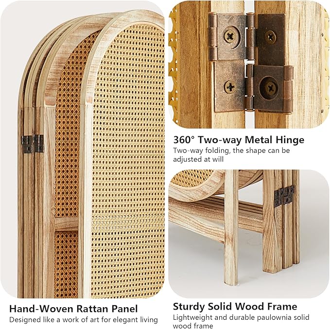 Room Divider and Folding Privacy Screen 5.6 Ft Rattan Room Divider with Double Hinges, Foldable Wood Partition Screen for Bedroom, Dorm, Apartment, Home Office - 4 Panel Natural