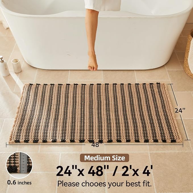 Triohero Waffle Bath Mat, Boho Bathroom Rugs Non Slip Washable, Ultra Soft Super Absorbent Quick Dry Farmhouse Bathroom Decor, 24" x 48", Khaki & Black