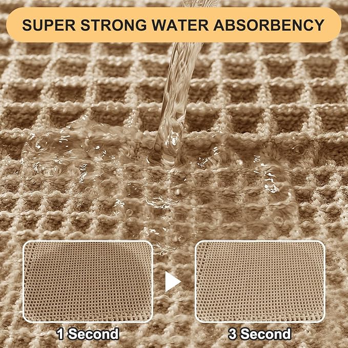 Upgrade Waffle Bath Mat Set 3 Piece, Boho Bathroom Rugs Absorbent Non Slip, Ultra Soft Bathroom Mat, Machine Washable Knit Bath Rugs with Tassels for Bathroom, Bedroom, Kitchen, Shower, Tub, Beige