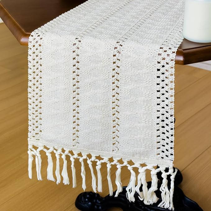 Macrame Table Runner Cream Beige Boho Table Runners with Tassels 90 Inches Long, Rustic Farmhouse Table Runners for Bohemian Kitchen Dining Table(12x90in, Fringe Included)